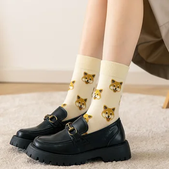 Kadınlar Sevimli Hayvan Kafası Baskılı Pamuk Çorap Japon Tarzı Kore Moda Unisex Erkekler Karikatür Köpek Nefes Orta Tüp Çorap