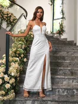 Melek modası kadın V Boyun Tül Spagetti Kayışı Nakış Çiçek Dantel Yarık Uzun Kılıf Lace Up Maxi Beyaz Abiye