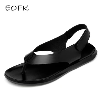 EOFK Yaz Erkek Hakiki Deri Sandalet Yeni Tasarım Moda Rahat Siyah Sandalet üzerinde kayma Deri Flip Flop Adam erkek Düz Kauçuk