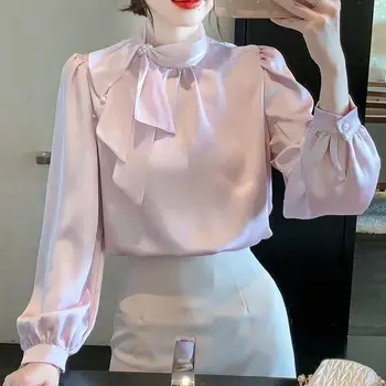 Rahat Düz Renk Kelebek Yay duygusu Tasarım Bluz Kadınlar Uzun Kollu O-yaka Pilili Şifon Pembe Kazak Gömlek 2023 A327