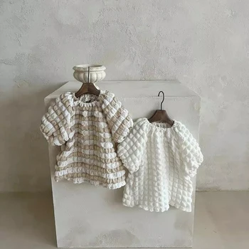 2023 Kore Yeni Bebek Kız Vintage Krep Elbise Bahar Bebek Uzun Kollu Elbiseler 1 ,2,3 Yıl Toddlers Casual Vestidos
