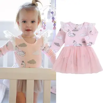 Yenidoğan Bebek Kız Bebek Kuğu Romper Tulum Dantel Tutu Elbise Kıyafetler Patchwork Pembe Sonbahar Giysileri