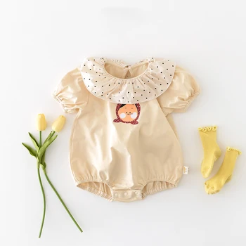 2023 İlkbahar Yaz Bebek Kız Bodysuits Kore Fırfır Yaka Yaka Toddler Bir Adet Yenidoğan Kız Giysileri Bebek Tulum